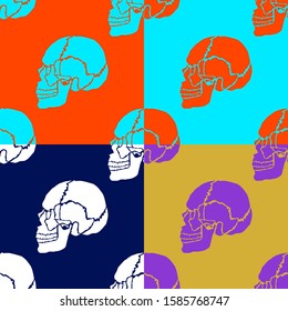 Colored Skull vector line art with Lush lava, Aqua Menthe, Phantom Blue and Gold background is in Seamless pattern