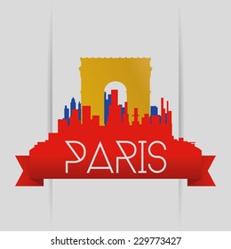 a colored skyline of paris with a golden silhouette of the arc of triumph
