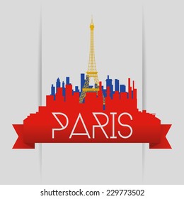 a colored skyline of paris with a golden silhouette of eiffel tower and text