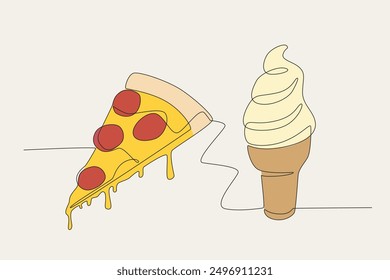 Colored a slice of melted pizza and ice cream. Fast food concept one-line drawing