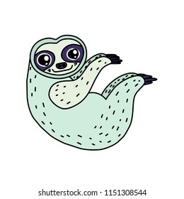 Colored sloth line doodle icon. Cartoon cute character. Children book illustration. Animal hand drawn vector