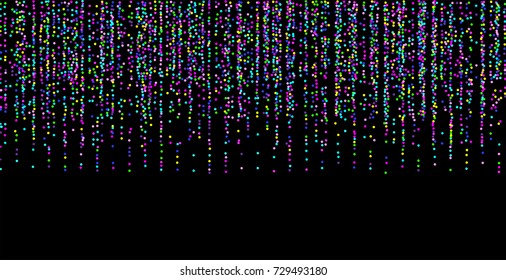 Colored small confetti on a black background. Luxury festive New Year background. Multicolored shiny abstract texture. Element of design. Vector illustration, EPS 10.