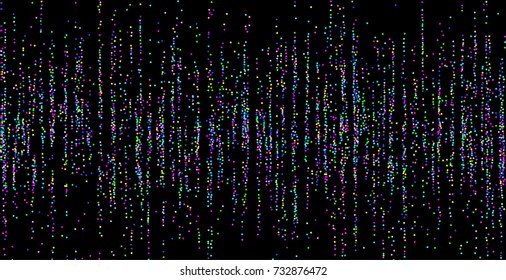 Colored small confetti on a black background. Luxury festive New Year background. Multicolored shiny abstract texture. Element of design. Vector illustration, EPS 10.