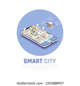 Colored smart city isometric composition with 3d map and abstract drone in smartphone vector illustration