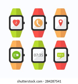 colored smart watches isolated vector set of 6 pcs icons