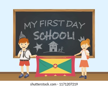 Colored smiling children, boy and girl, holding a national Grenada flag behind a school board illustration. Vector cartoon illustration of first school day