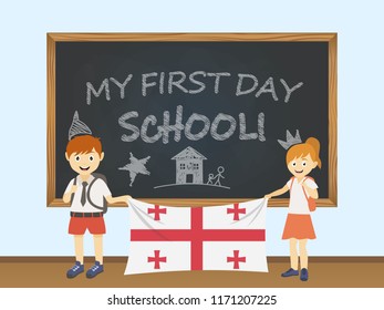 Colored smiling children, boy and girl, holding a national Georgia flag behind a school board illustration. Vector cartoon illustration of first school day