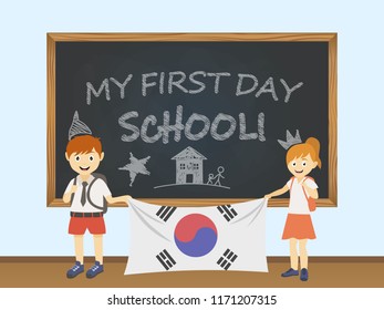 Colored smiling children, boy and girl, holding a national South Korea flag behind a school board illustration. Vector cartoon illustration of first school day