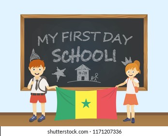 Colored smiling children, boy and girl, holding a national Senegal flag behind a school board illustration. Vector cartoon illustration of first school day