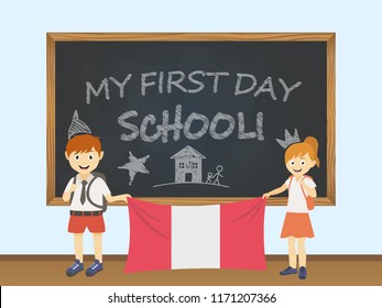 Colored smiling children, boy and girl, holding a national Peru flag behind a school board illustration. Vector cartoon illustration of first school day