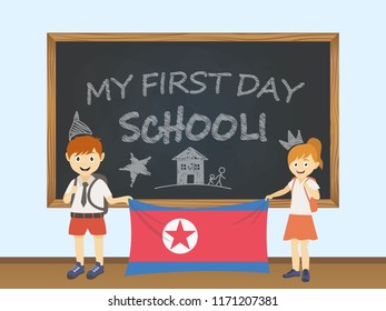 Colored smiling children, boy and girl, holding a national North Korea flag behind a school board illustration. Vector cartoon illustration of first school day