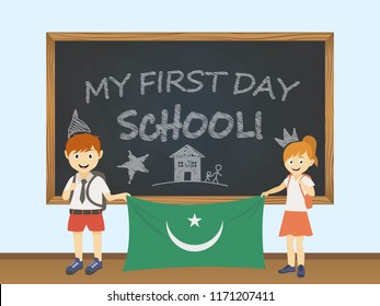 Colored smiling children, boy and girl, holding a national Mauritania flag behind a school board illustration. Vector cartoon illustration of first school day