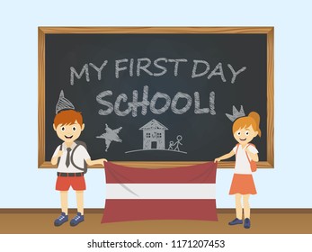 Colored smiling children, boy and girl, holding a national Latvia flag behind a school board illustration. Vector cartoon illustration of first school day