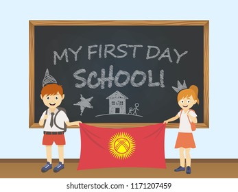 Colored smiling children, boy and girl, holding a national Kyrgyzstan flag behind a school board illustration. Vector cartoon illustration of first school day