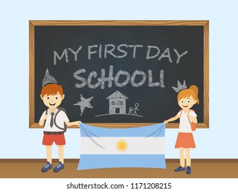 Colored smiling children, boy and girl, holding a national Argentina flag behind a school board illustration. Vector cartoon illustration of first school day