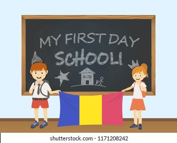 Colored smiling children, boy and girl, holding a national Andorra flag behind a school board illustration. Vector cartoon illustration of first school day