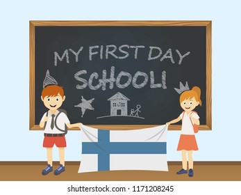 Colored smiling children, boy and girl, holding a national Finland flag behind a school board illustration. Vector cartoon illustration of first school day