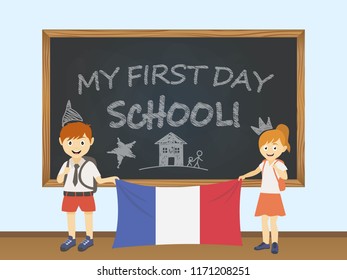 Colored smiling children, boy and girl, holding a national France flag behind a school board illustration. Vector cartoon illustration of first school day