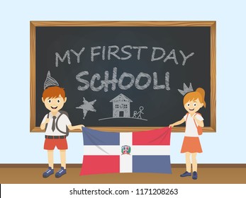 Colored smiling children, boy and girl, holding a national Dominican Republic flag behind a school board illustration. Vector cartoon illustration of first school day