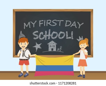 Colored smiling children, boy and girl, holding a national Colombia flag behind a school board illustration. Vector cartoon illustration of first school day