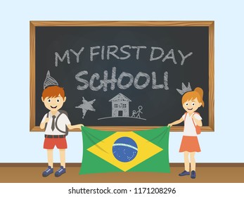 Colored smiling children, boy and girl, holding a national Brazil flag behind a school board illustration. Vector cartoon illustration of first school day