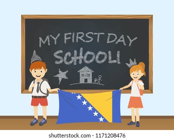 Colored smiling children, boy and girl, holding a national Bosnia and Herzegovina flag behind a school board illustration. Vector cartoon illustration of first school day