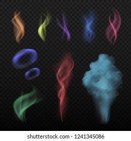 Colored smoke. Steam and smell spread buring haze colorful vector collection realistic set