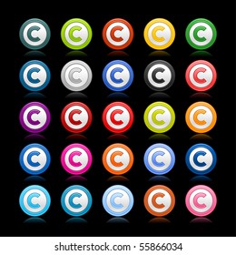 Colored smooth web 2.0 copyright buttons with reflection on black background