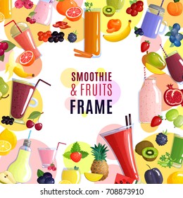 Colored smoothie frame background with a scattering of fresh fruits and beverages vector illustration