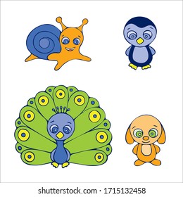 Colored snail, dog, peacock, penguin doodle sketch illustration on white background.
