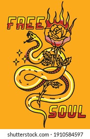 Colored snake with rose illustration vector design for t-shirt graphics, banner, fashion prints, slogan tees, stickers, flyer, posters and other creative use