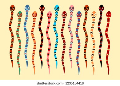 Colored snakes based on African ethnic motifs. Vector illustration.