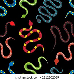 Colored Snakes Pattern. Dangerous Exotic Snakes Background. Tropical Toxic Reptile Hand Drawn Pattern