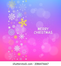 Nieve de color cayendo en una decoración brillante de Navidad. Hermoso bokeh de nieve de vacaciones y plantilla de texto. Fondo de decoración de copas de nieve