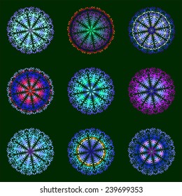 colored snowflakes in cold tones on dark background