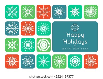 Colored snowflakes in many different patterns with Christmas card designs. All in group and separate layers. Vector.