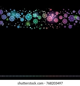 Colored snowflakes on a black background. Horizontal seamless pattern. Vector illustration.