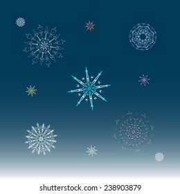 colored snowflakes on a blue background. Vector illustration