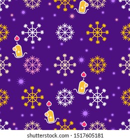 Colored snowflakes seamless pattern. Snow and candles on a dark background. Abstract wallpaper wrapping decoration. Symbol of winter, merry christmas, happy new year holiday Vector illustration