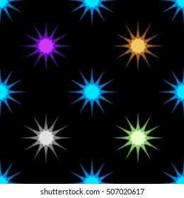 Colored snowflakes. Stars. Seamless pattern. Black background.