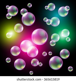 colored soap bubbles on a black background Vector illustration art