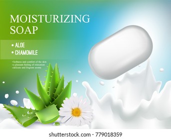 Colored soap realistic composition or flyer with moisturizing soap aloe chamomile headline vector illustration