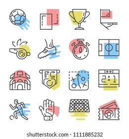 colored soccer and football thin line icon set