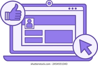 Colored Social Media Icon. Vector Icon. Maintaining Pages on Social Networks. Open Laptop. Internet, Blogging, Marketing, Content Sharing, Social Media Activity