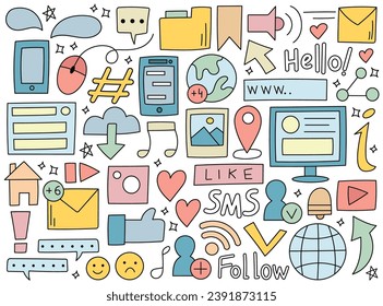 Colored social media network web communication icons handdrawn doodle graphic set vector illustration. People internet conversation, browsing, creative messaging, blogging symbol, speech bubble design