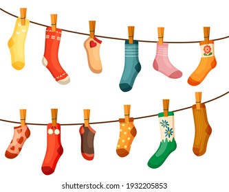 Colored socks drying rope illustration  Bright red textiles green drawing hang neatly fastened and clothespins favorite things any season and insulation lightness playing sports  Cartoon vector 