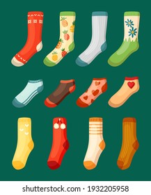 Colored socks set. Bright woolen with red pineapple hearts drawing warm white stripes and stylish orange with butterflies trendy short for sports and hot weather. Vector convenience.