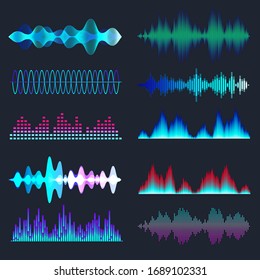 Colored Sound Waves Collection. Analog And Digital Audio Signal. Music Equalizer. Interference Voice Recording. High Frequency Radio Wave. Vector Illustration