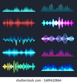 Colored sound waves collection. Analog and digital audio signal. Music equalizer. Interference voice recording. High frequency radio wave. Vector illustration