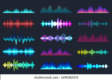 Colored sound waves collection. Analog and digital audio signal. Music equalizer. Interference voice recording. High frequency radio wave. Vector illustration